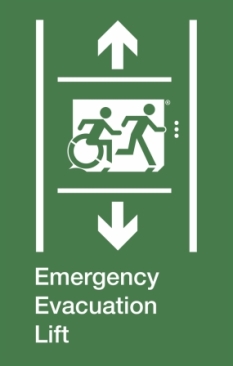 Emergency Evacuation Lift Running Man Wheelie Man Right Hand Up and Down Arrows Exit Sign Project Wheelchair Accessible Means of Egress Icon