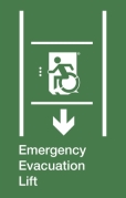 Emergency Evacuation Lift Wheelie Man Left Hand Down Arrow Exit Sign Project Wheelchair Accessible Means of Egress Icon