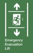 Emergency Evacuation Lift Wheelie Man Right Hand Up and Down Arrows Exit Sign Project Wheelchair Accessible Means of Egress Icon